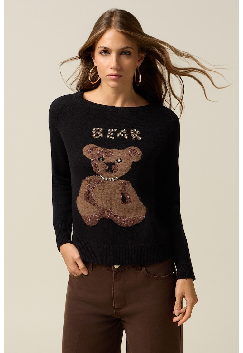 Пуловер с вълна с принт на мече - Черен/Кафяв Oltre