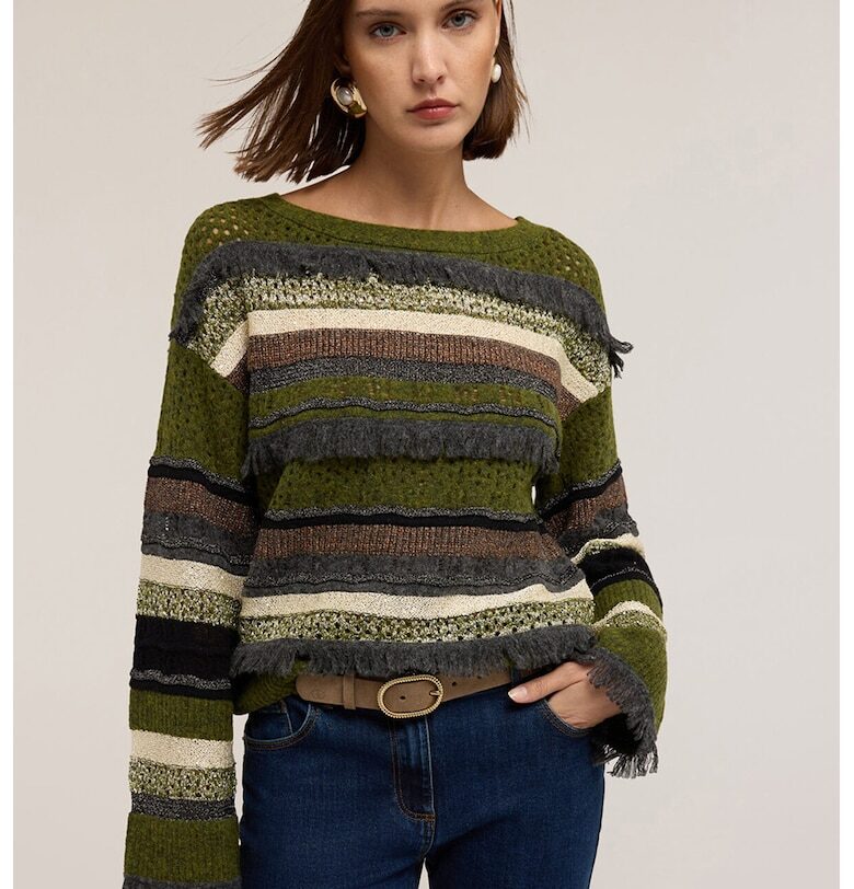 Пуловер с вълна с ресни - Бял/Тъмно каки/Тъмнокафяв Motivi