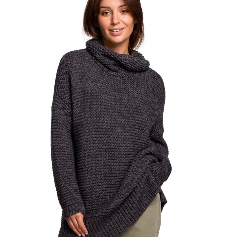 Пуловер с голяма яка - акрил/найлон/памук - антрацитно сиво - един размер OEM