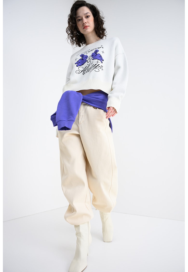 Пуловер с десен и паднали ръкави - Виолетов/Мръснобял HUGO