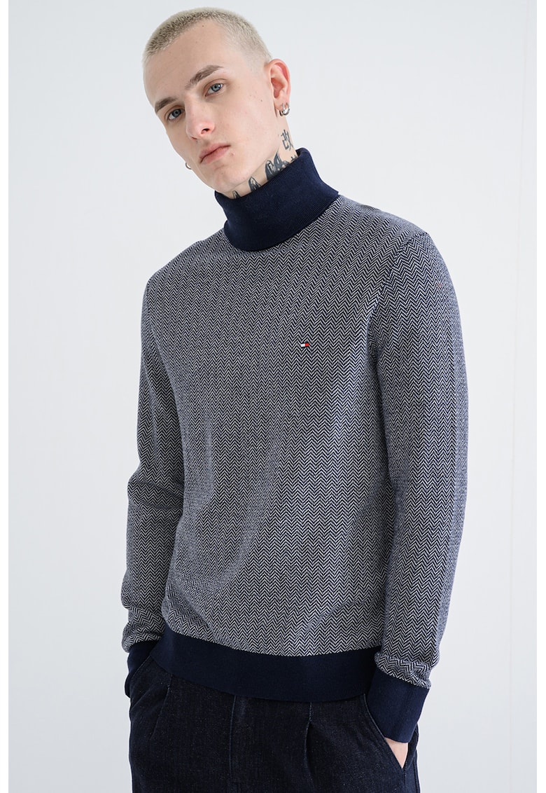 Пуловер с кашмир с рибена кост - Бял/Тъмносин Tommy Hilfiger