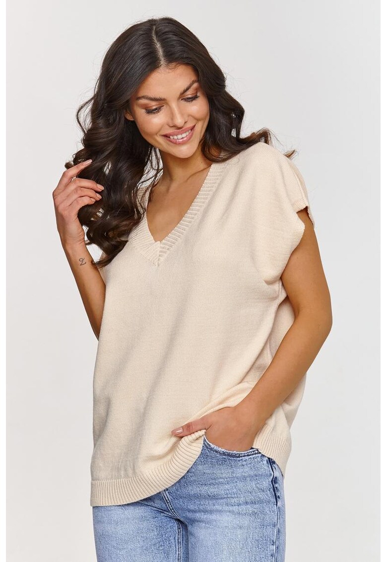 Пуловер с къс ръкав и V-образно деколте - Един размер Makadamia
