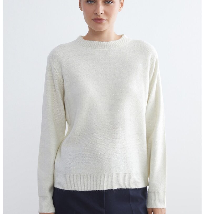 Пуловер с овално деколте и бляскави детайли - Бял LC WAIKIKI
