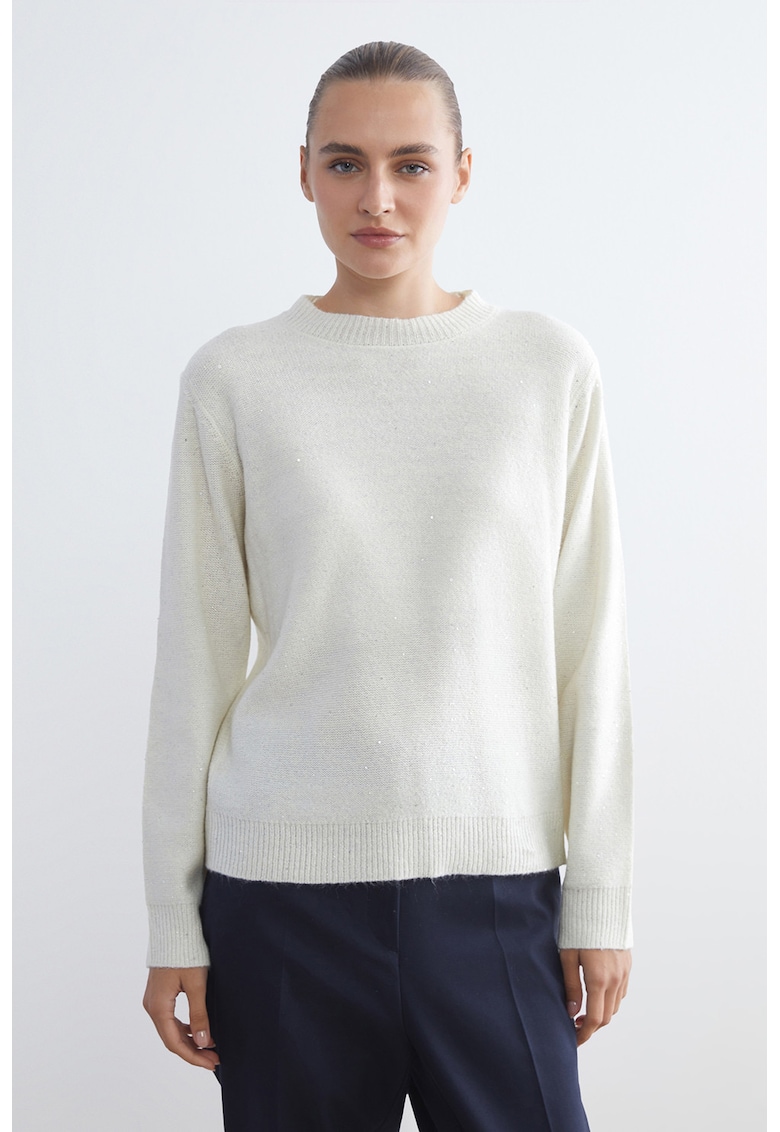 Пуловер с овално деколте и бляскави детайли - Бял LC WAIKIKI