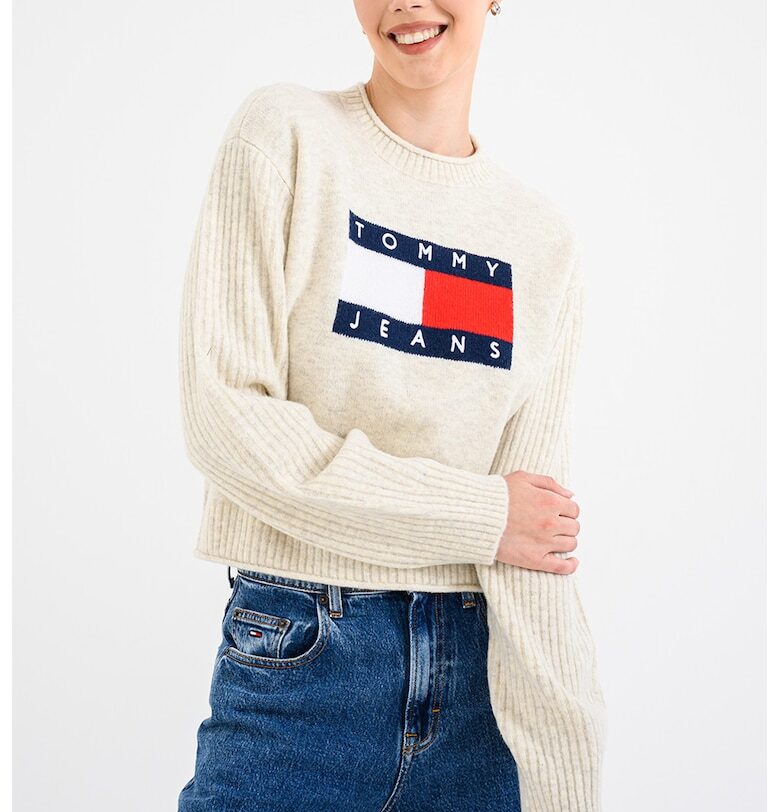 Пуловер с овално деколте и лого - Червен/Бежов/Син Tommy Jeans