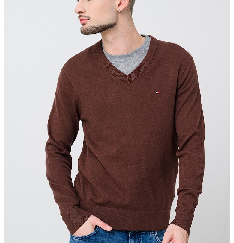 Пуловер с органичен памук и кашмир - Тъмнокафяв Tommy Hilfiger