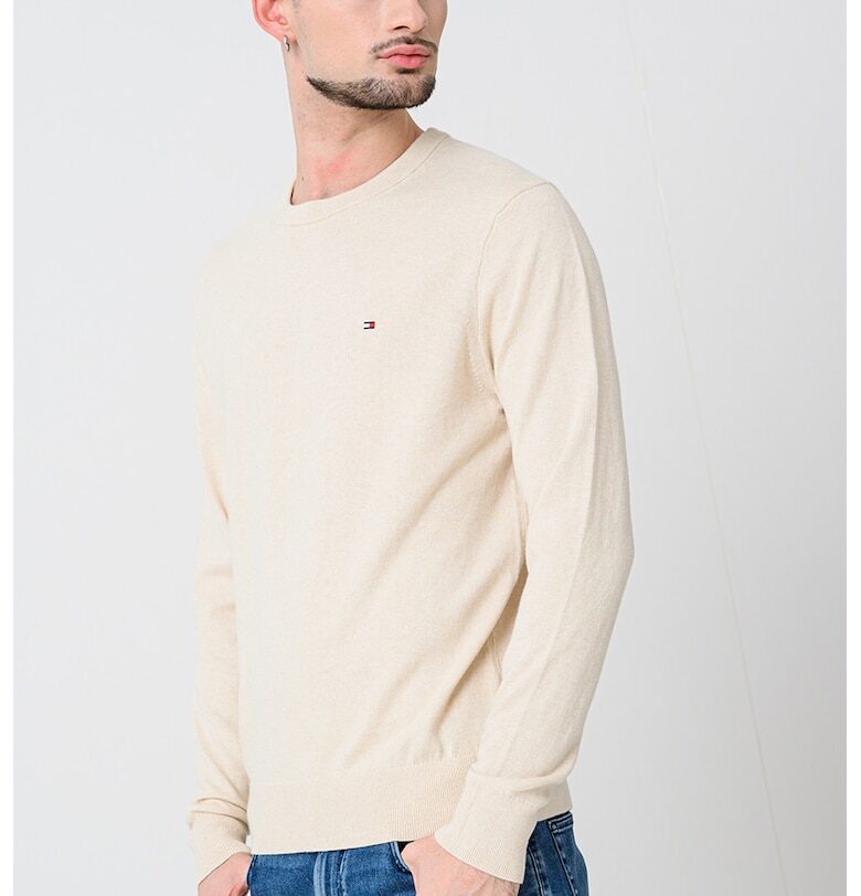 Пуловер с органичен памук и кашмир с овално деколте - Бежов Tommy Hilfiger