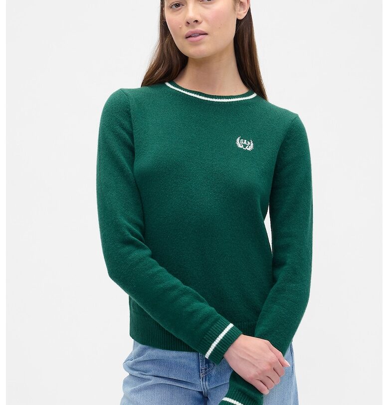 Пуловер с памук с овално деколте - Аква зелено/Мръснобял GAP