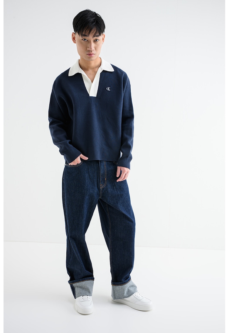 Пуловер с яка - Бял/Тъмносин CALVIN KLEIN JEANS