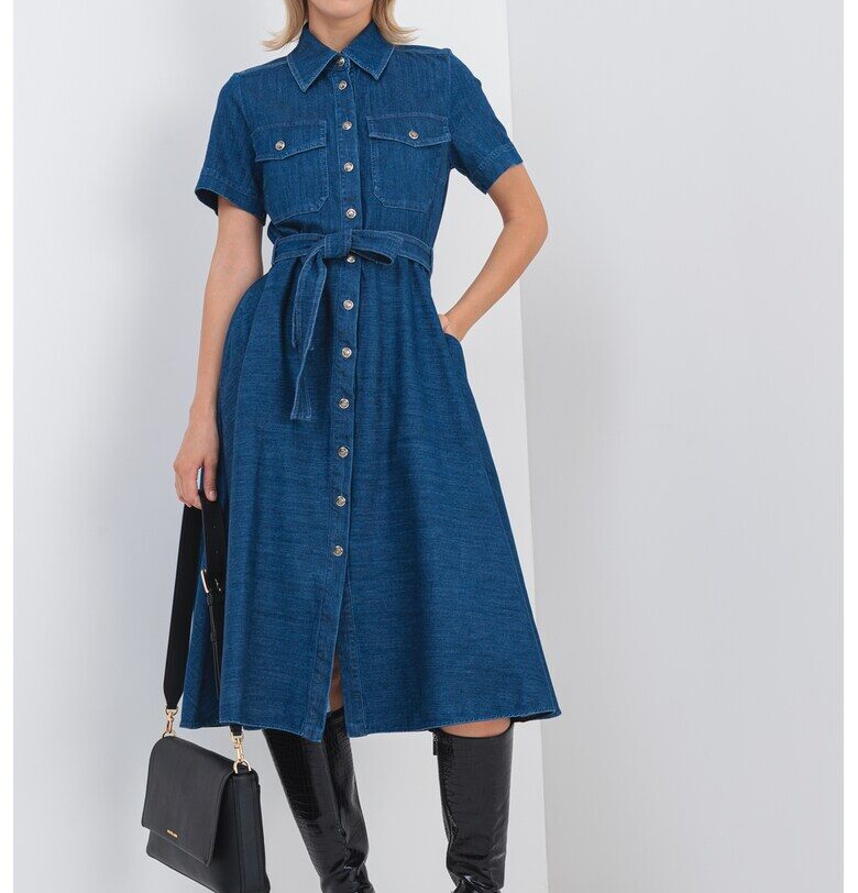 Разкроена миди рокля-риза с вратовръзка Marella