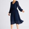 Разкроена миди рокля -  тъмносиня - с буф ръкави - полиестер Figl