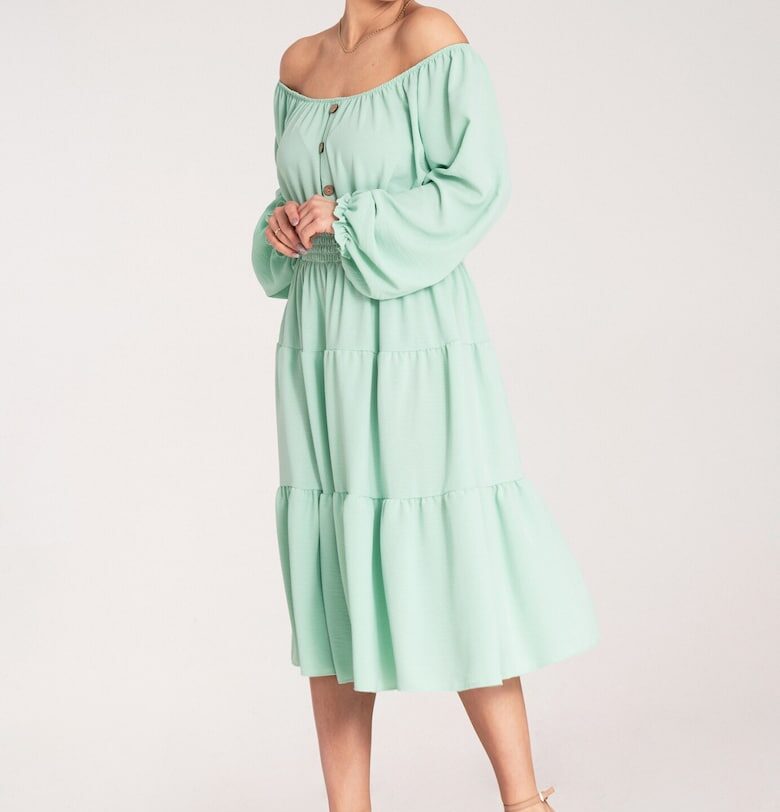 Разкроена рокля -  зелена - с волани - полиестер - Един размер Figl