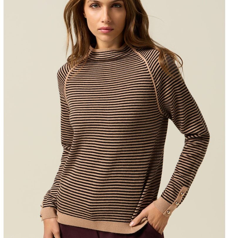 Раиран пуловер с вълна и ниска яка - Черен/Кафяв Oltre