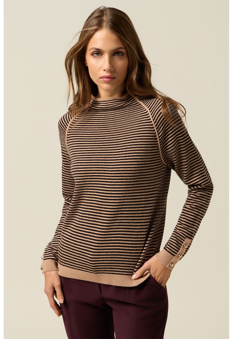 Раиран пуловер с вълна и ниска яка - Черен/Кафяв Oltre