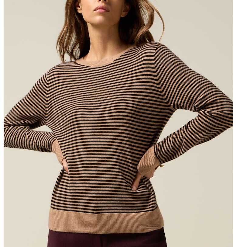 Раиран пуловер с вълна и цепки на маншетите - Черен/Кафяв Oltre