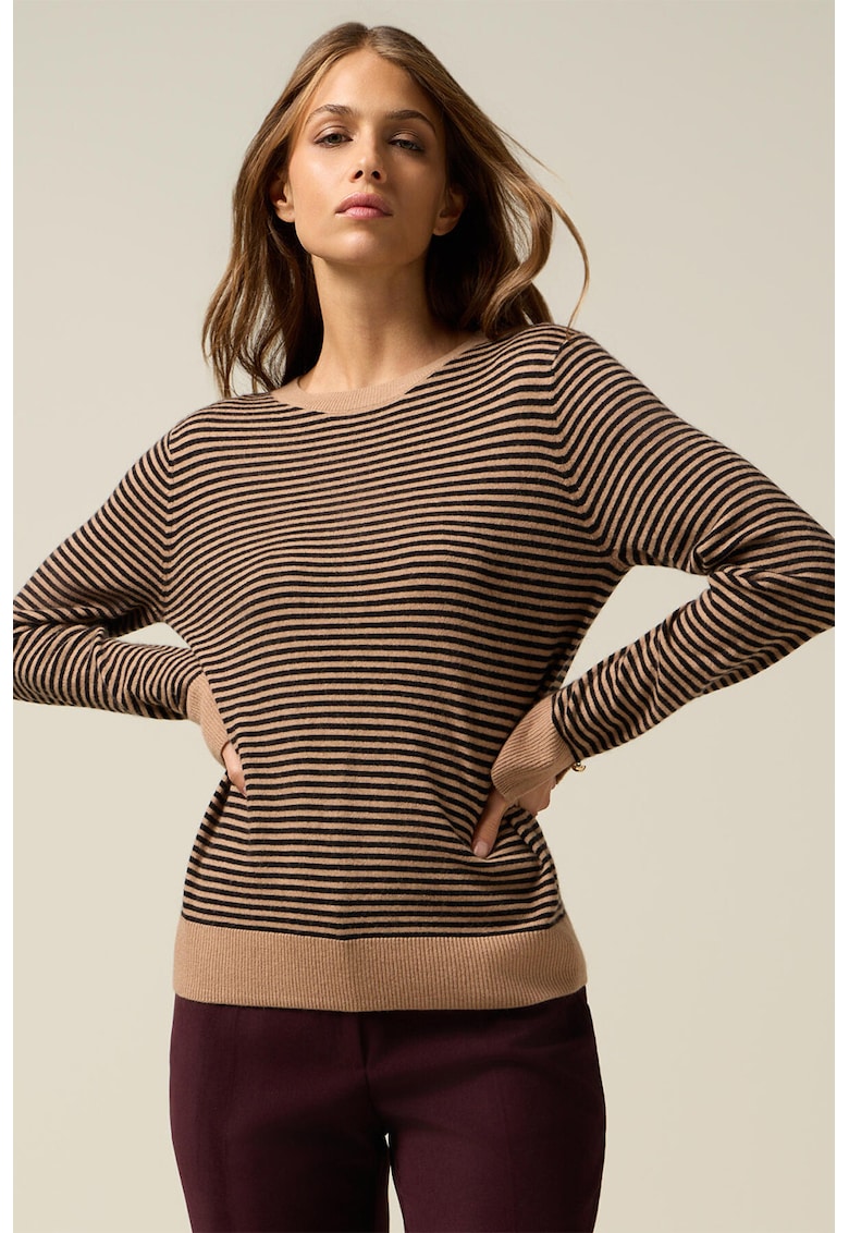 Раиран пуловер с вълна и цепки на маншетите - Черен/Кафяв Oltre