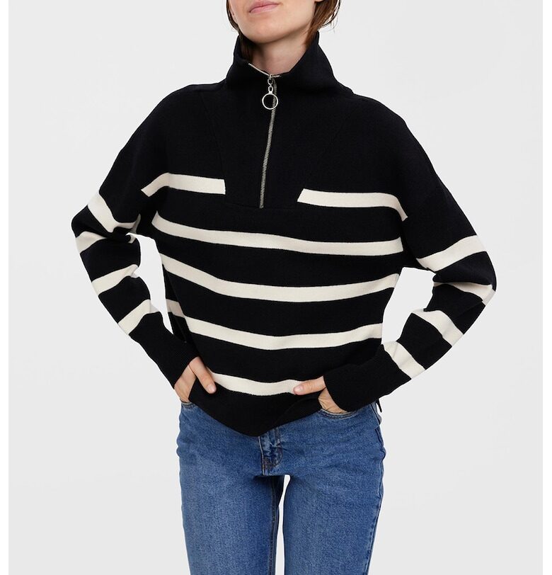 Раиран пуловер с къс цип - Слонова кост/Избеляло черно Vero Moda