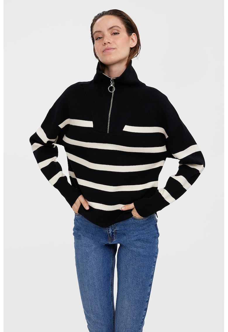 Раиран пуловер с къс цип - Слонова кост/Избеляло черно Vero Moda