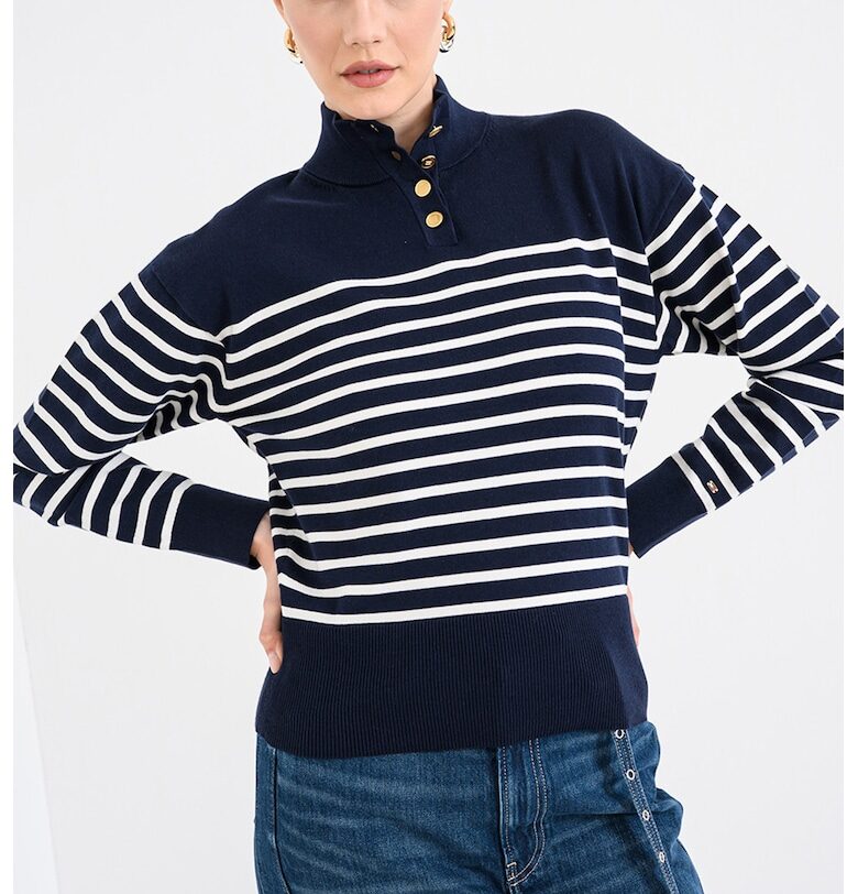 Раиран пуловер с органичен памук с копчета - Бял/Тъмносин Tommy Hilfiger