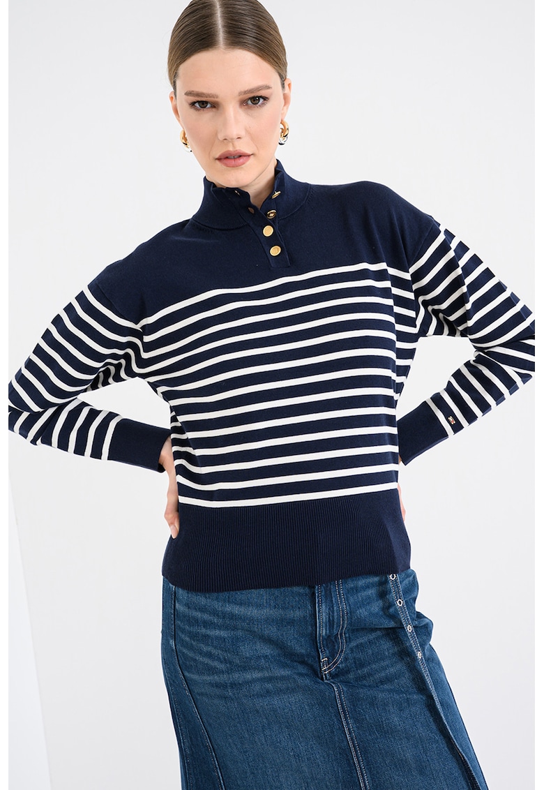 Раиран пуловер с органичен памук с копчета - Бял/Тъмносин Tommy Hilfiger