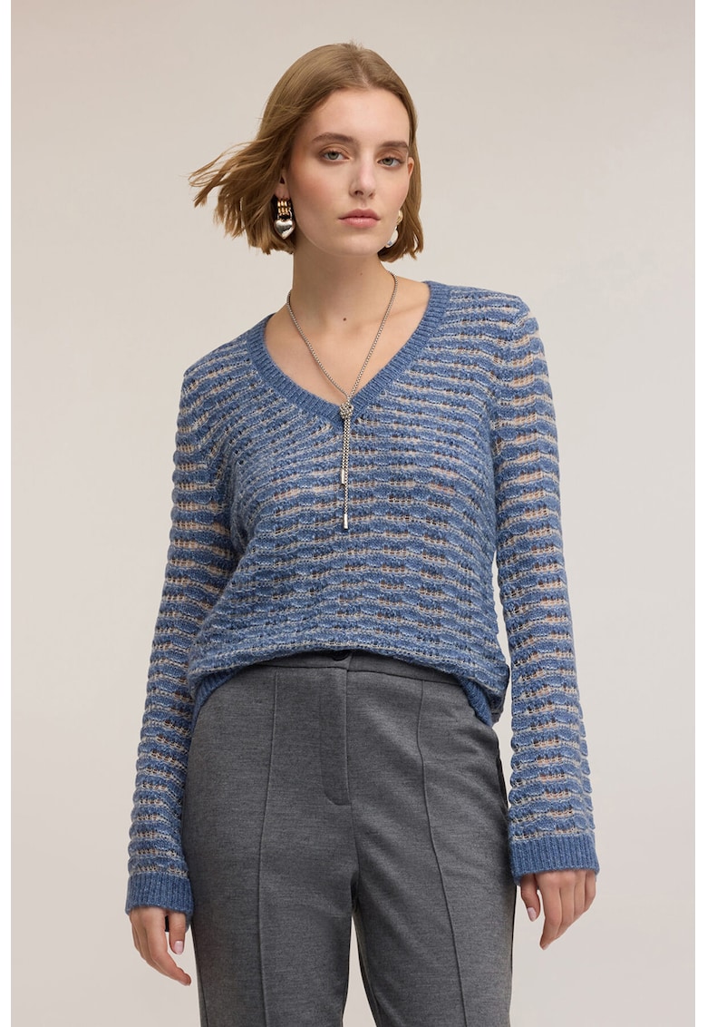 Раиран шпиц пуловер със свободна кройка - Прашно синьо Motivi