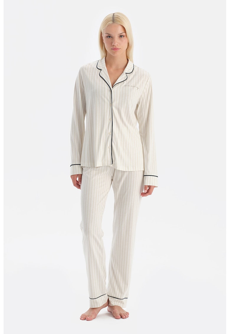 Раирана пижама с памук и модал - Слонова кост/Черен DAGI