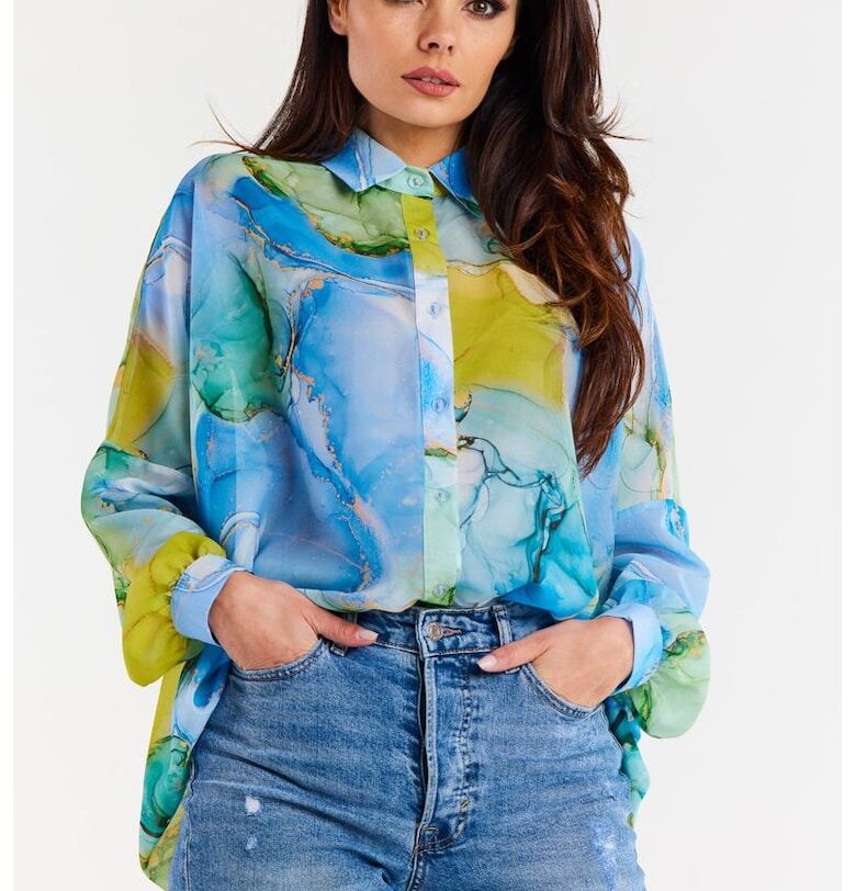 Риза A513 Елегантна с дълъг ръкав - Син awama