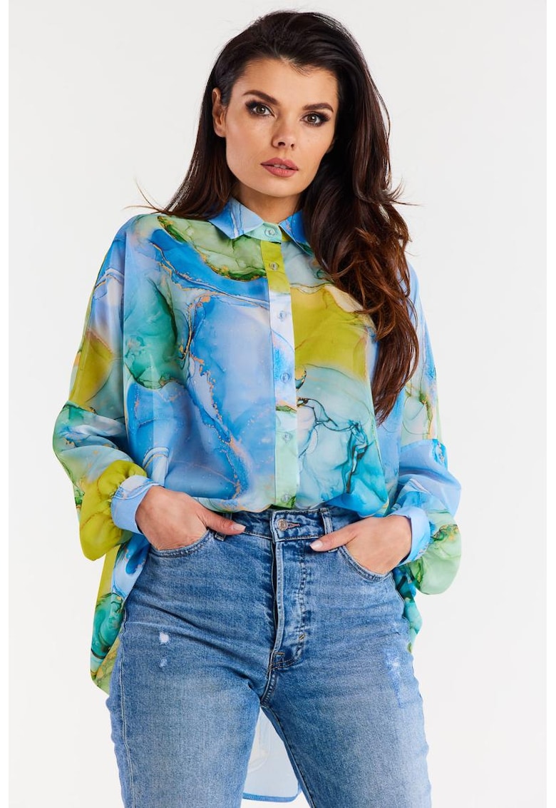 Риза A513 Елегантна с дълъг ръкав - Син awama