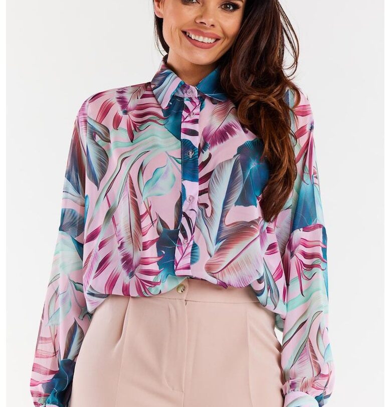 Риза A513 Елегантна с дълъг ръкав - Розово awama