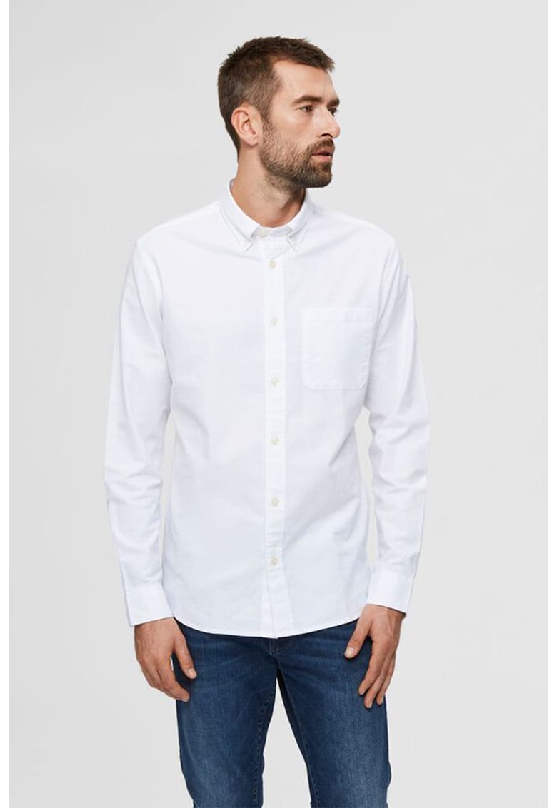 Риза от органичен памук с джоб и райе - Бял Selected Homme