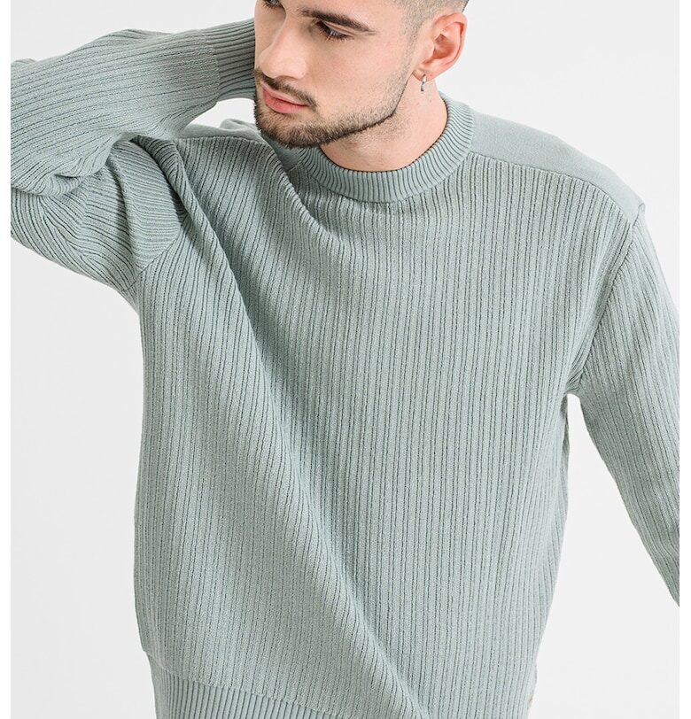 Рипсен пуловер Koltorp с вълна - Ментово зелено BOSS