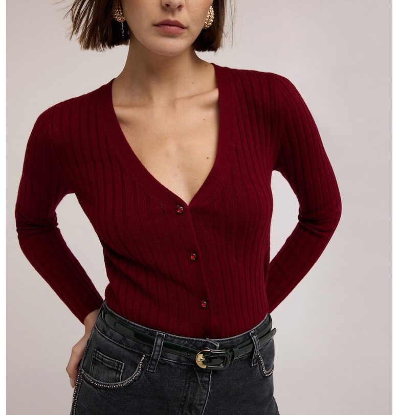 Рипсена слим жилетка с вълна - Тъмночервен Motivi