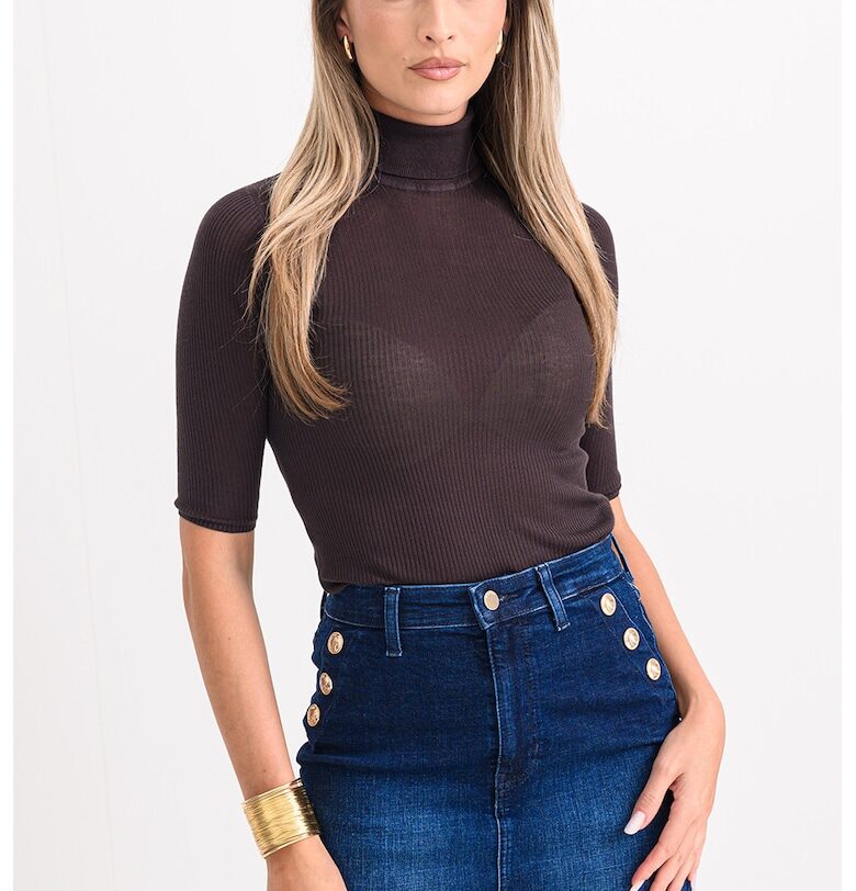 Рипсено поло с къси ръкави - Тъмнокафяв GUESS