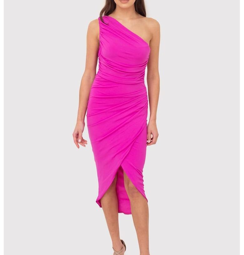 Розова драпирана миди рокля на едно рамо DA1770 HOT PINK Ax Paris
