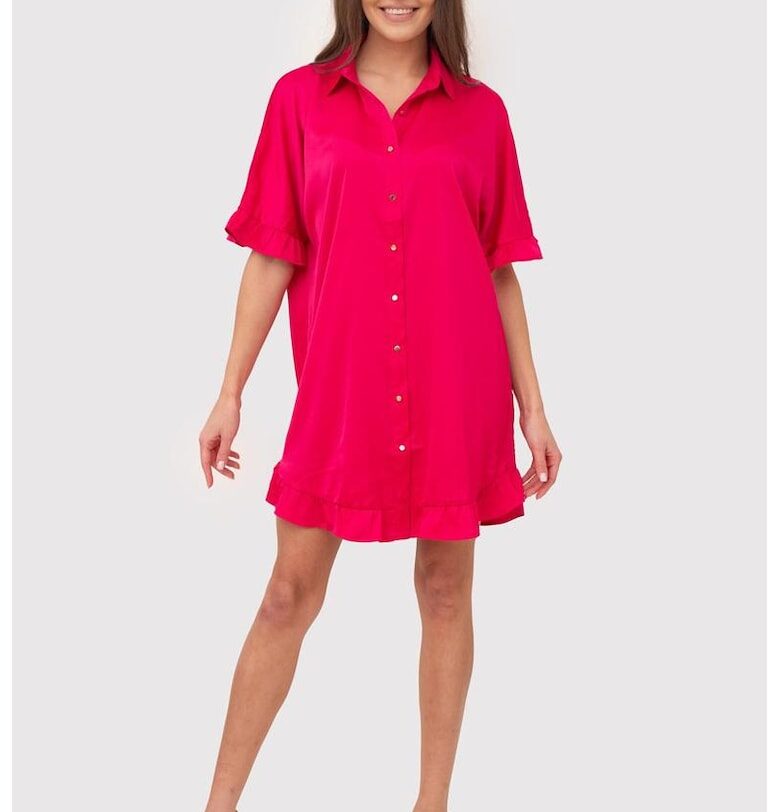 Розова рокля-риза с къдрици и златни копчета DA1774 PINK Ax Paris