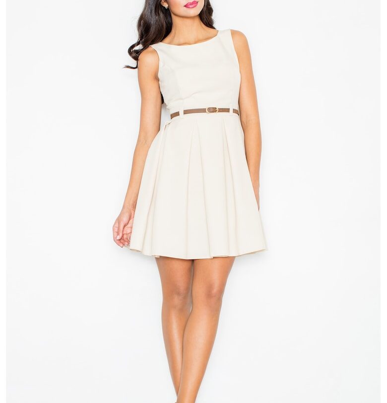 Рокля  M083 - Елегантна - С колан - Вталена - 100% полиестер - Бежова - Figl