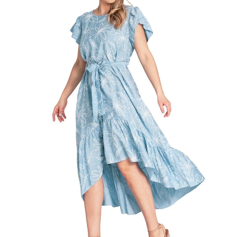 Рокля  M1179 - флорален принт - волани - синя - качествен материал - вискоза - Един размер Figl