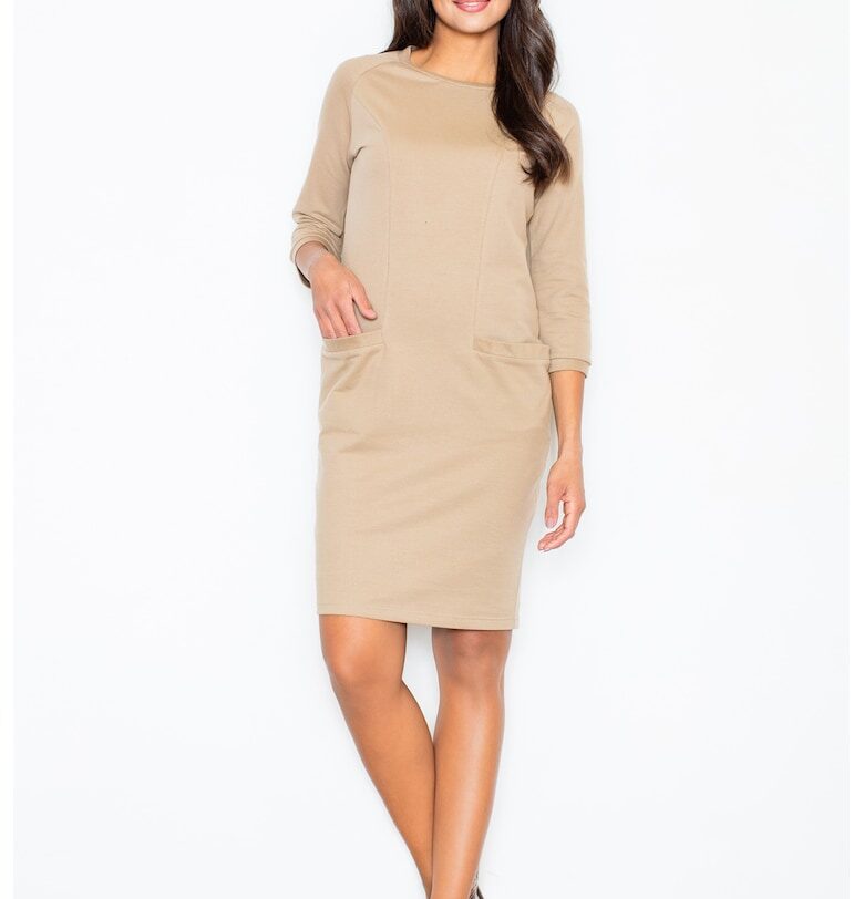 Рокля  M205 - памучна - бежова - дълъг ръкав - с джобове - Figl