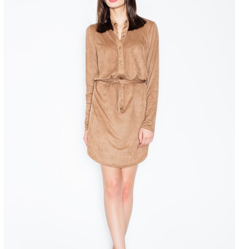 Рокля  M454 - кафява - полиестер - фини детайли - рокля-риза Figl