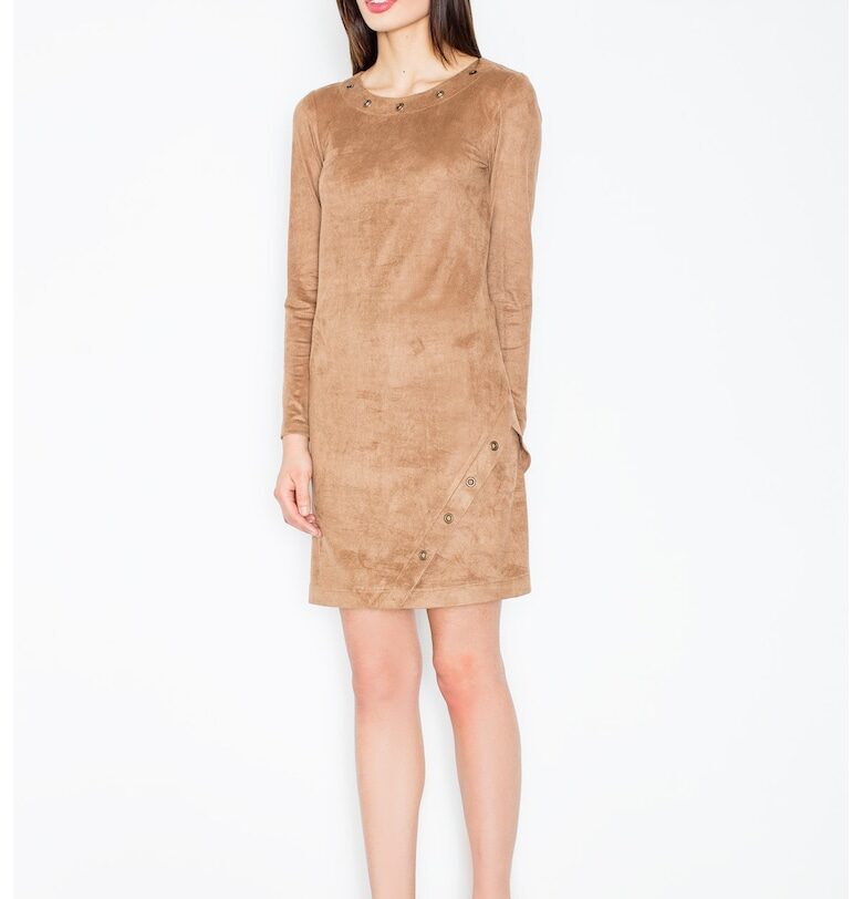 Рокля  M455 - кафява - дълъг ръкав - ластик на талията - полиестер Figl