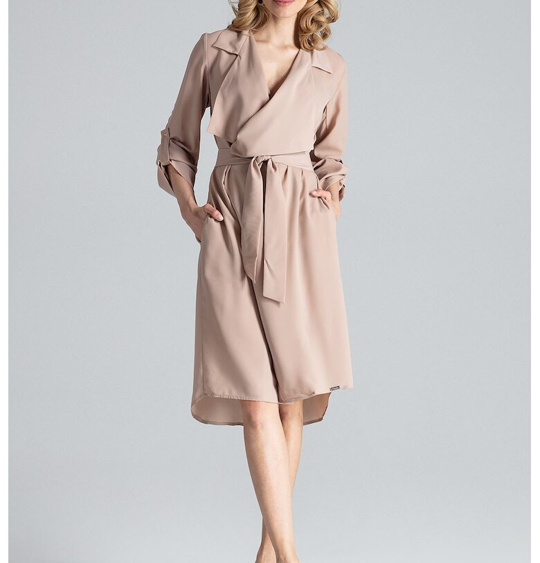 Рокля  M464 - дълъг ръкав - бежова - полиестер - елегантна Figl