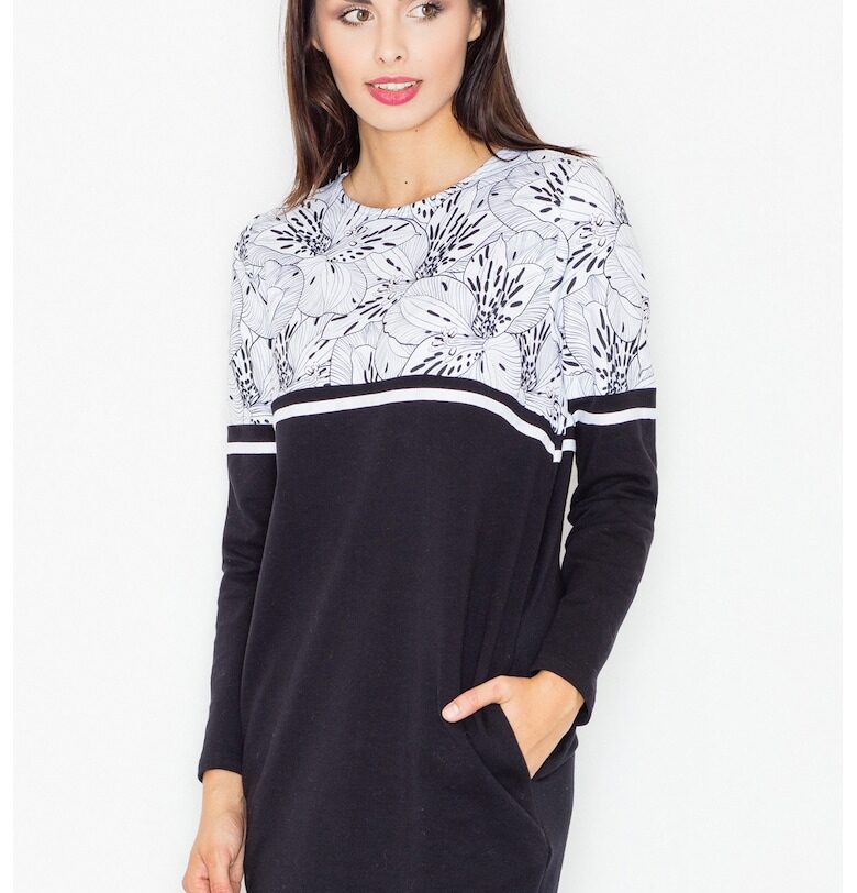 Рокля  M510 - на цветя - дълъг ръкав - черна - памук с джобове Figl