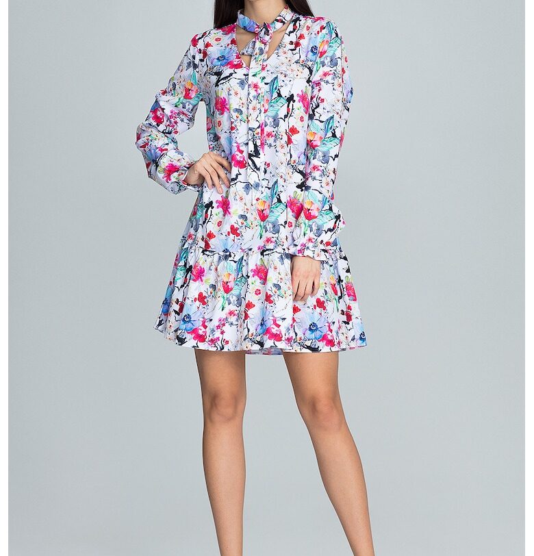 Рокля  M599 - флорална - многоцветна - с дълъг ръкав - полиестер - SM Figl