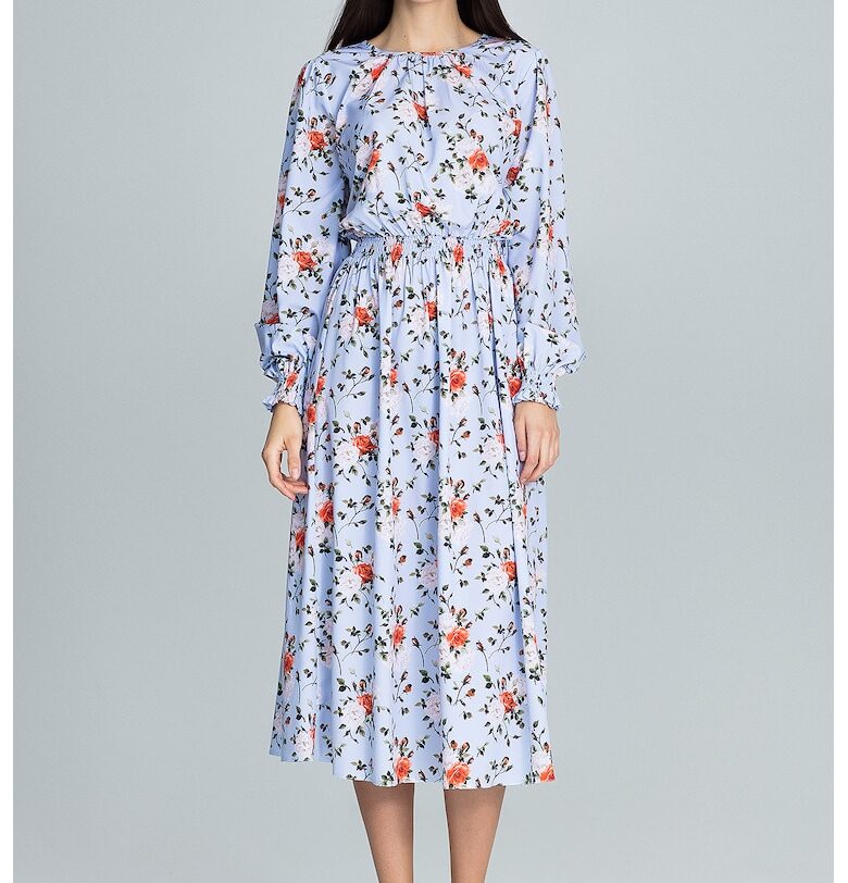 Рокля  M600 - флорален десен - синя - миди кройка - дълъг ръкав - 95% полиестер - 5% еластан Figl