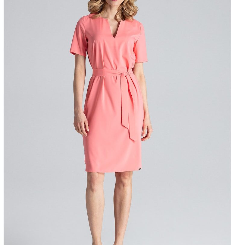 Рокля  M669 Koral midi - розова - полиестер - къс ръкав Figl