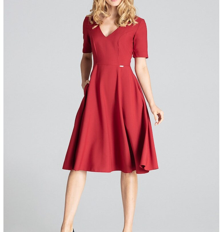 Рокля  M673 - Къс ръкав - Удобна - Миди - 100% полиестер - S INTL - Червен Figl