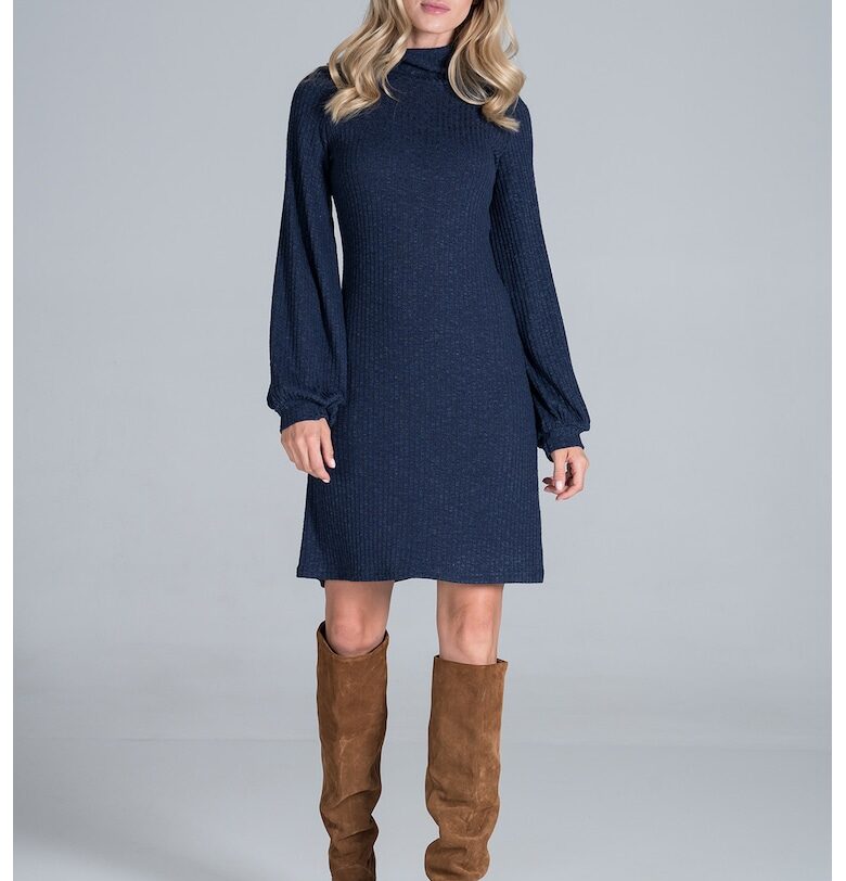 Рокля  M831 - тъмносиня - дълги бухнали ръкави - елегантна - полиестер - Figl