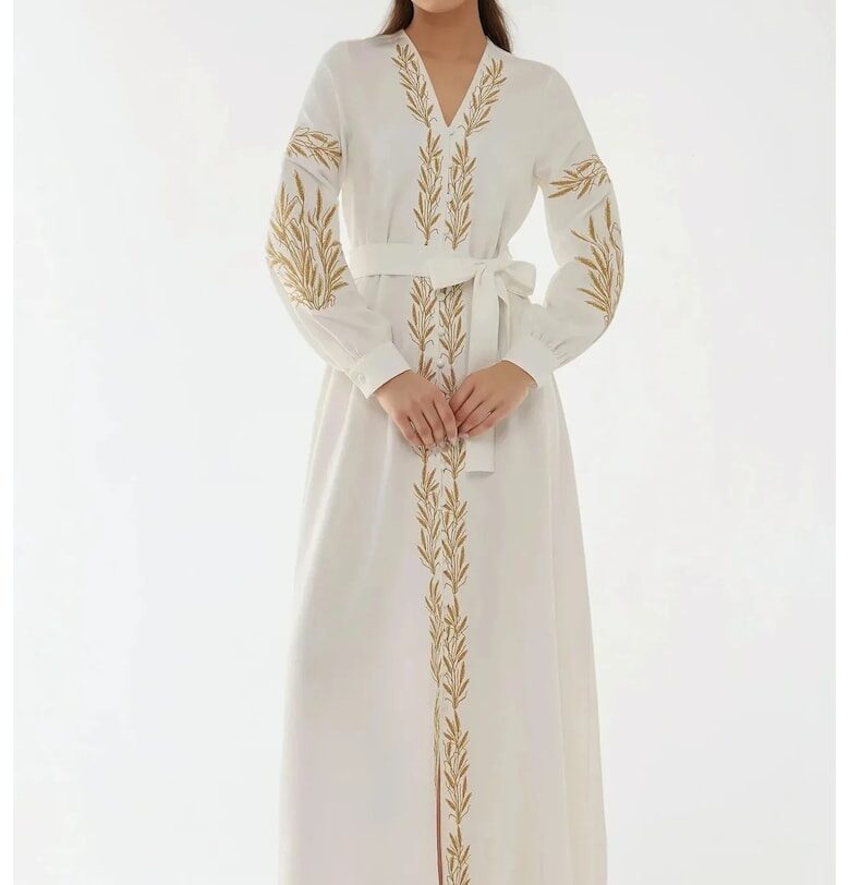 Рокля  V-образно деколте - бродерия - бяла - текстил HiCCUP