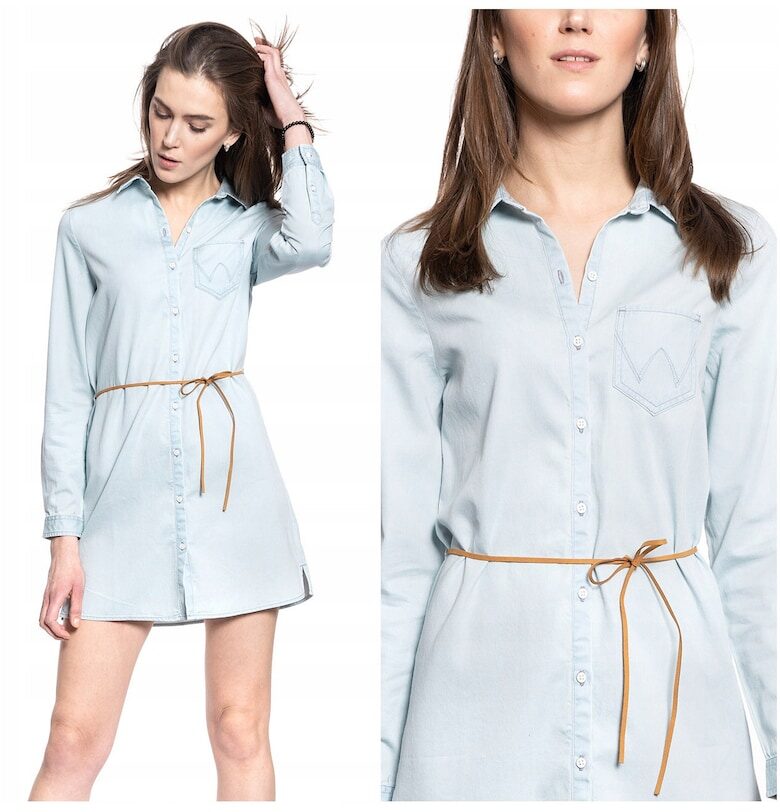 Рокля -  Рокля тип риза - Стандартна кройка - 100% Памук - Закопчаване: Копчета - 1 джоб - XS - Синя - 1 част Wrangler