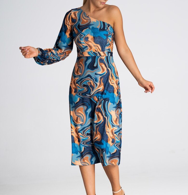 Рокля  абстрактен десен - едно рамо - дълъг ръкав - многоцветна - полиестер Figl